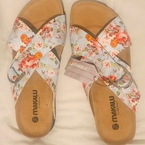 Makalu Aqua Sandals (Birkenstock Style) Floral Pink Orange Cream Leather Straps